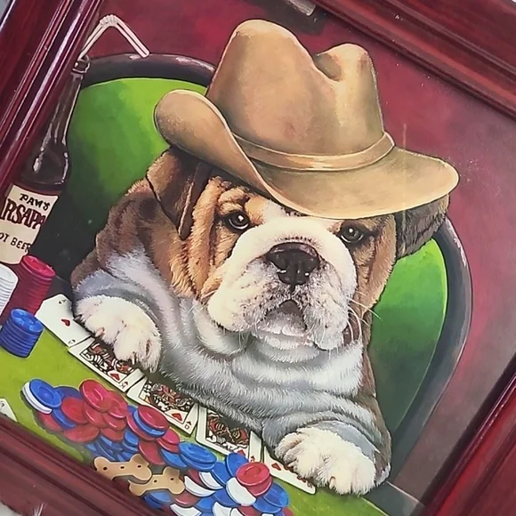Mahogany Framed Glass English Bull Dog Pup Puppy Poker Gambling Vegas Cowboy Art - Picture 6 of 16